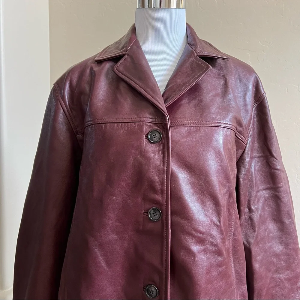 ZARA $349 100% Sheep Leather Burgundy Button Down Womens Jacket M